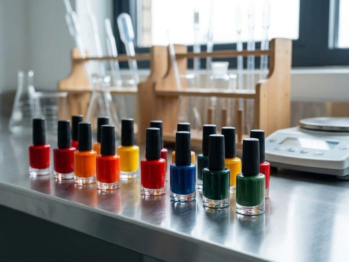 Nail polish bottles arranged for laboratory product safety review