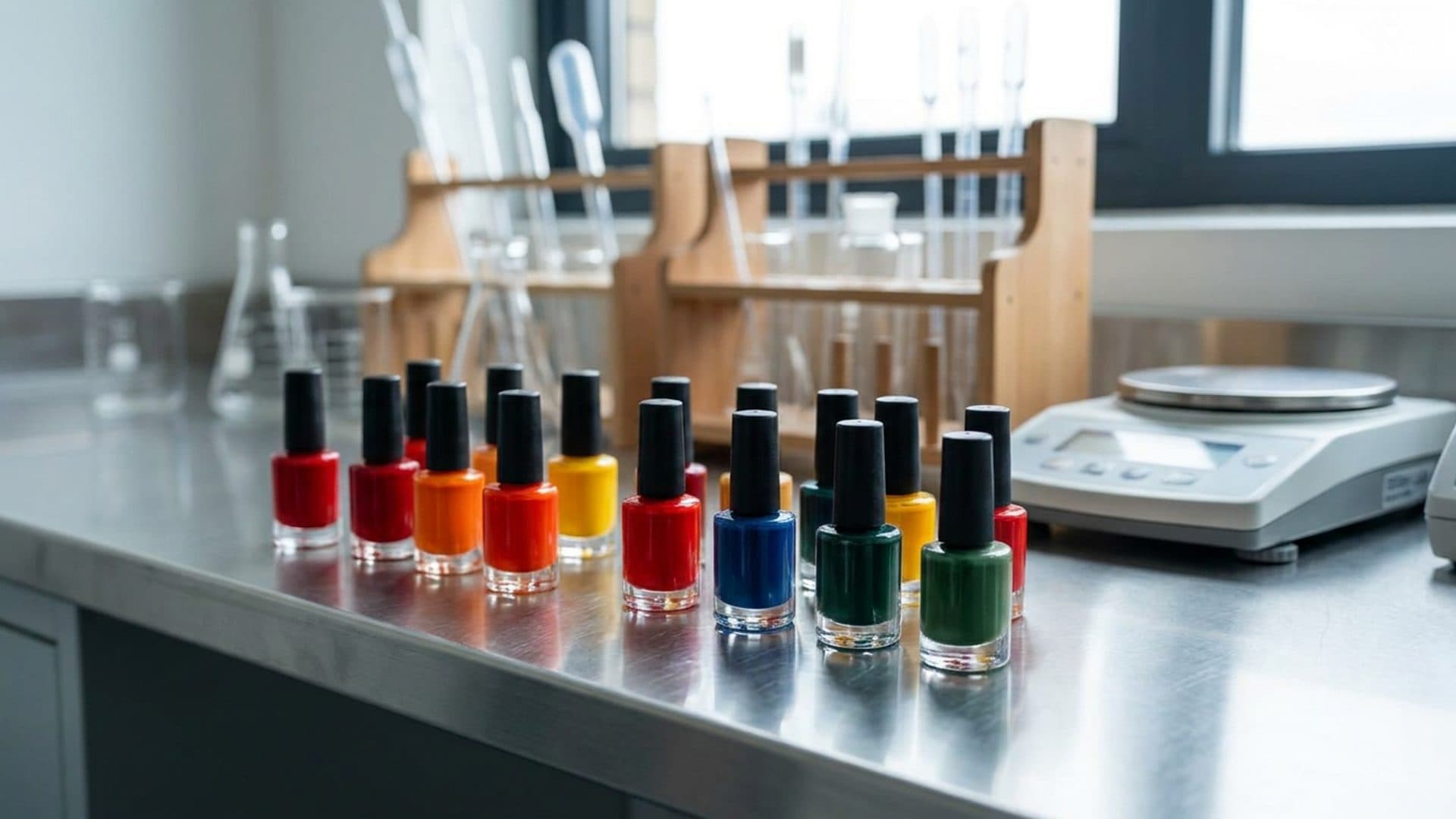Nail polish bottles arranged for laboratory product safety review