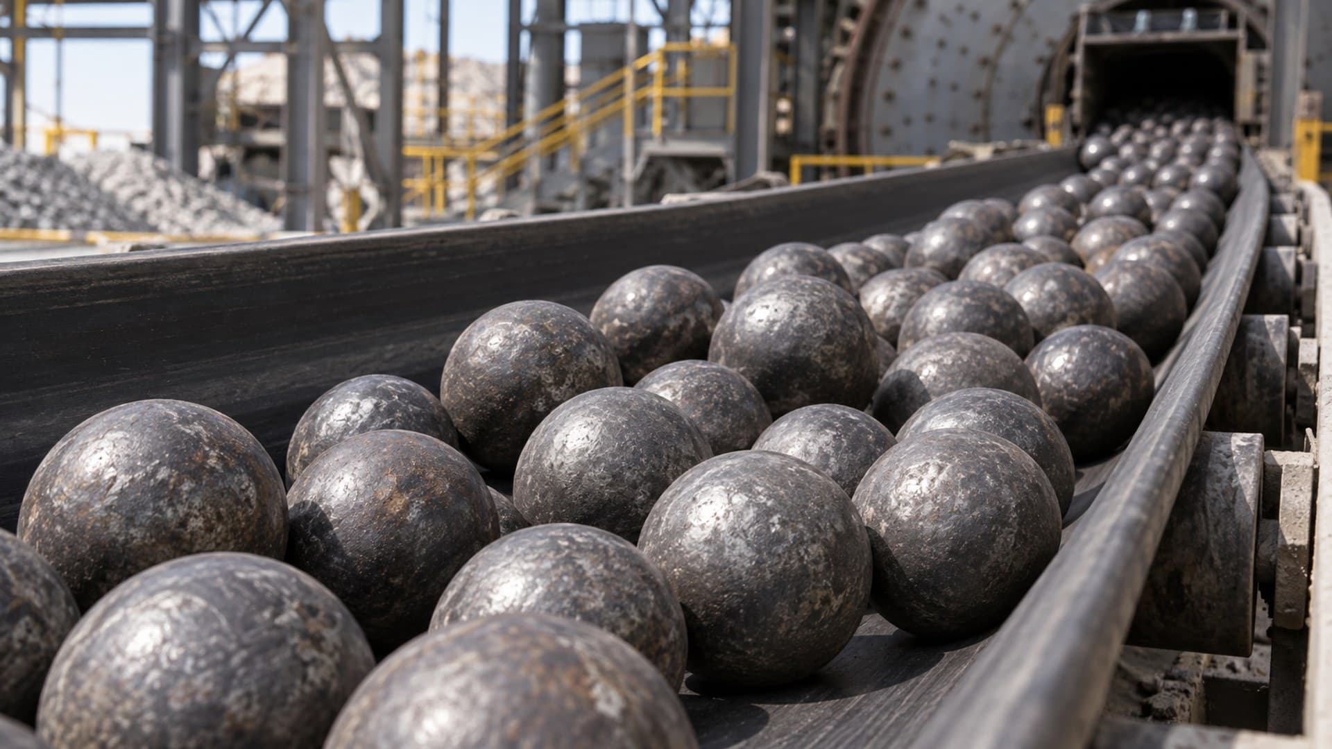 Forged steel grinding balls at a mineral-processing plant