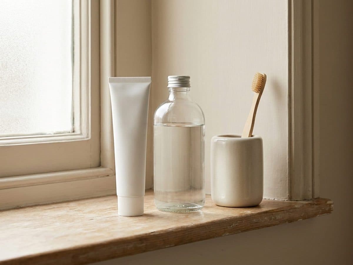 Unbranded oral-care containers on a bathroom shelf