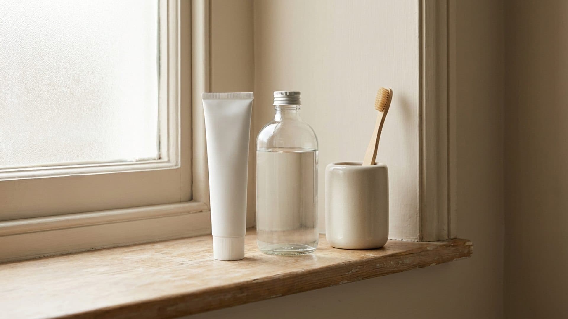 Unbranded oral-care containers on a bathroom shelf