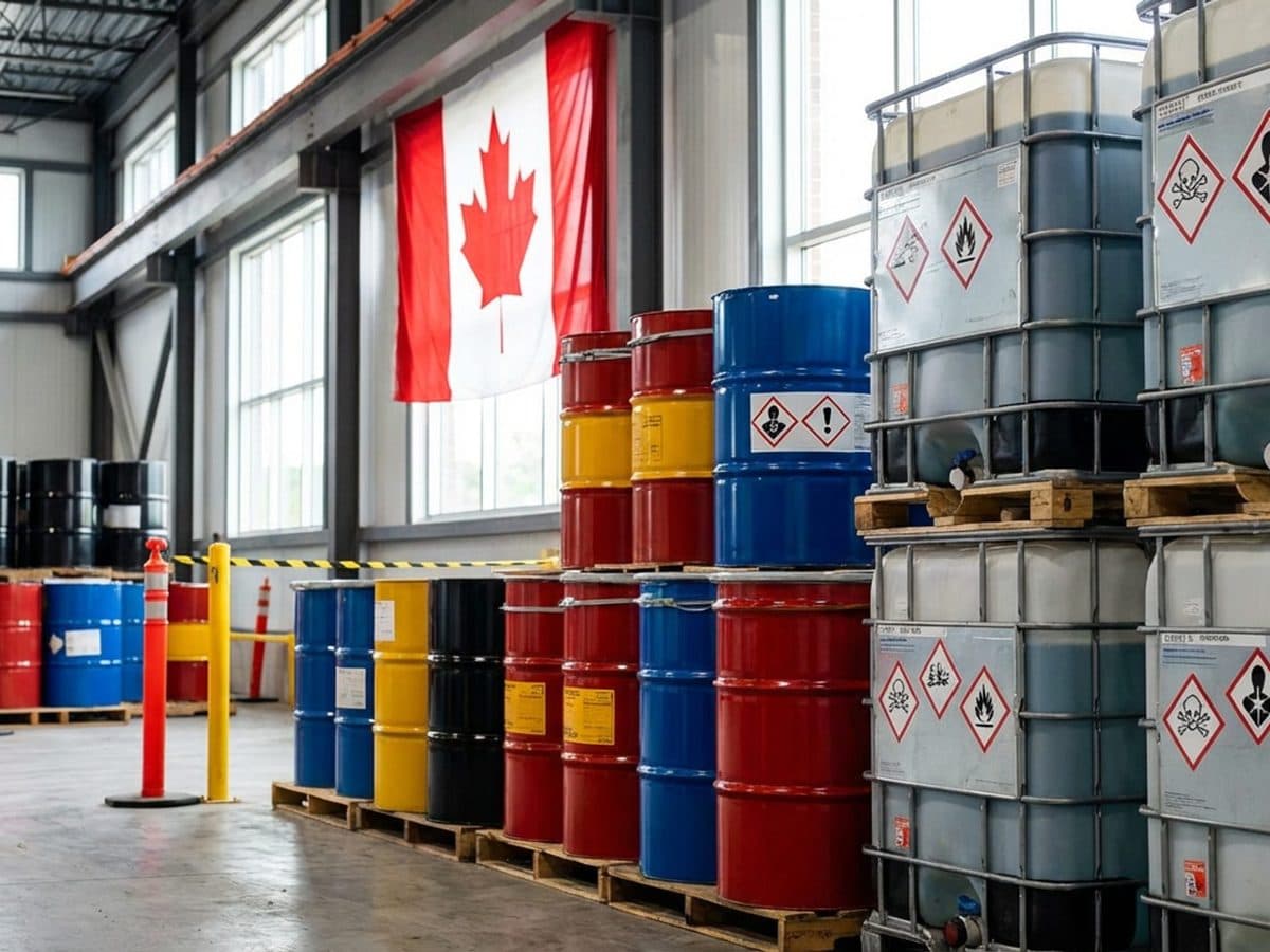 Industrial chemical containers with hazard labels