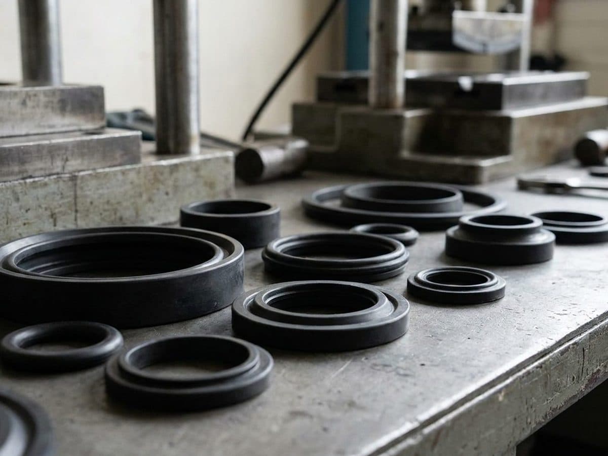 Moulded rubber seals and gaskets on an industrial work surface