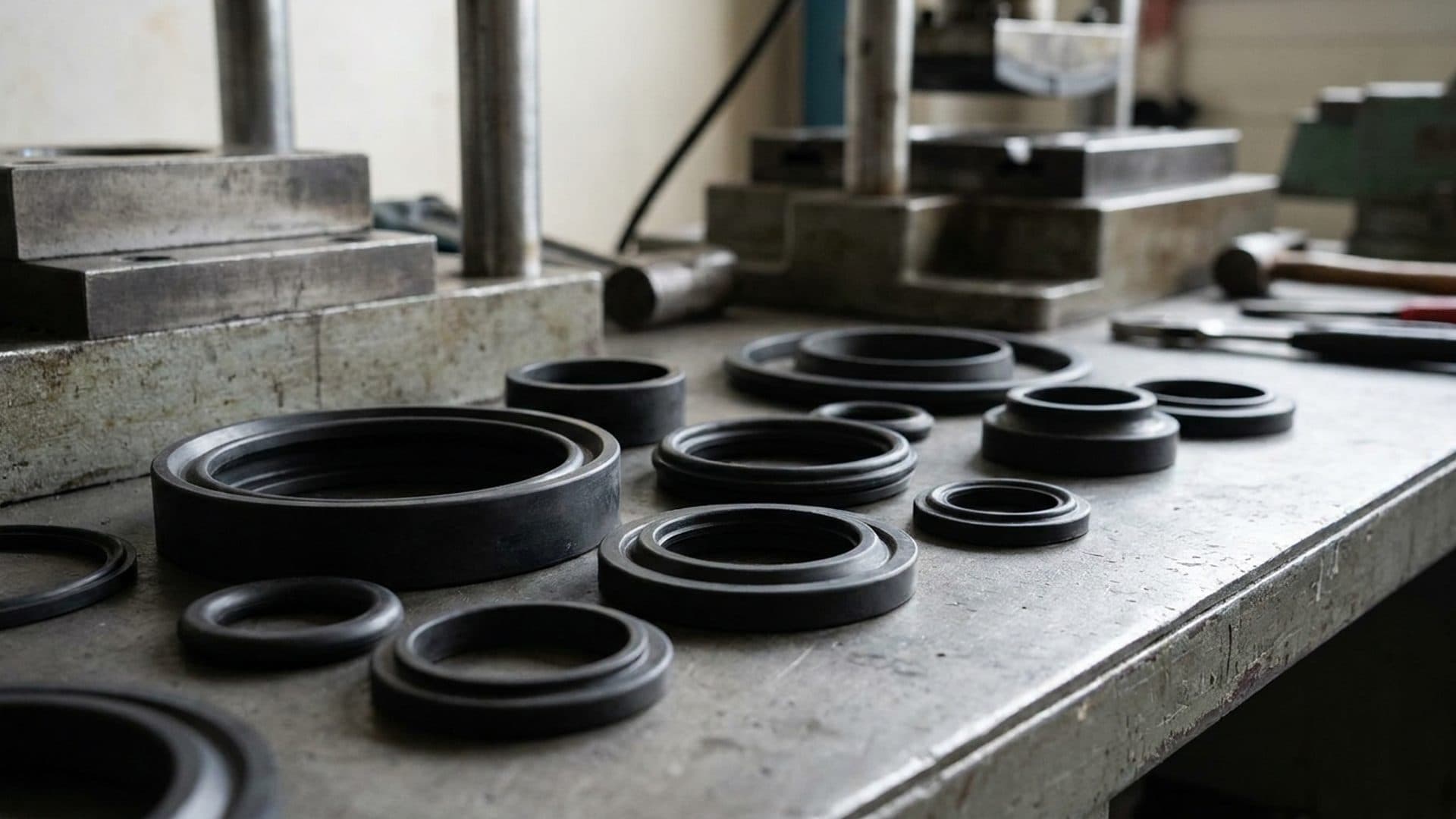 Moulded rubber seals and gaskets on an industrial work surface