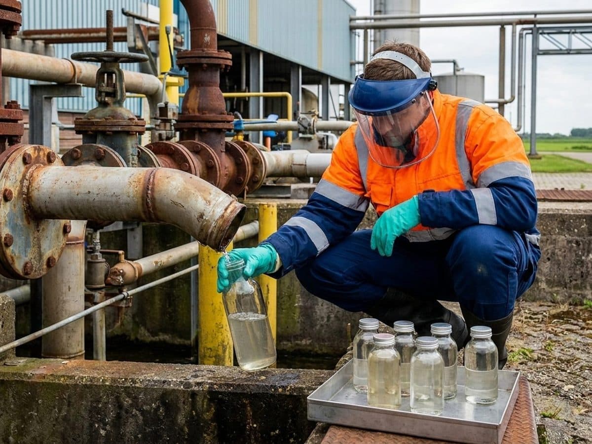 Technician sampling wastewater at a Dutch chemical site