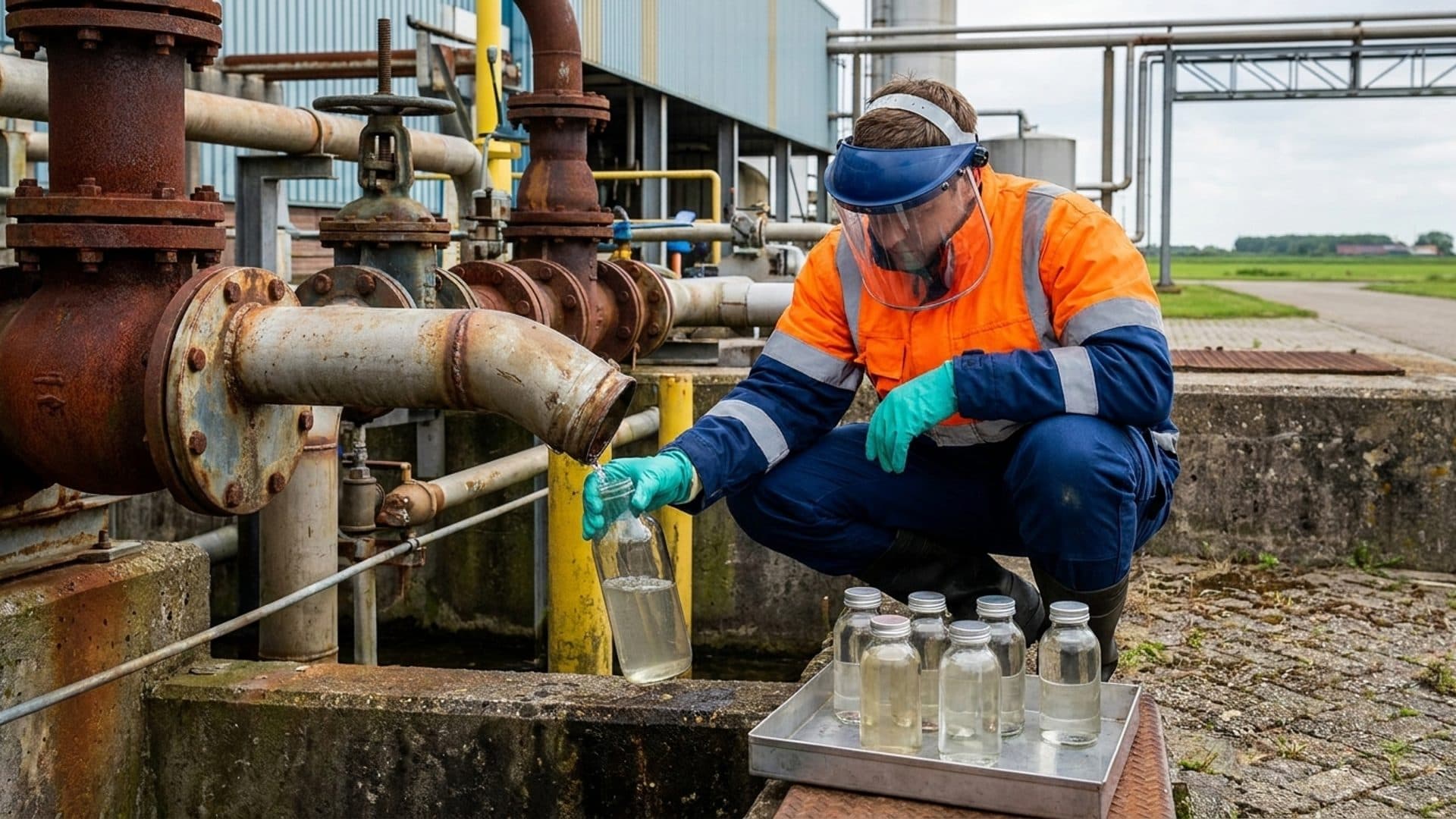 Technician sampling wastewater at a Dutch chemical site