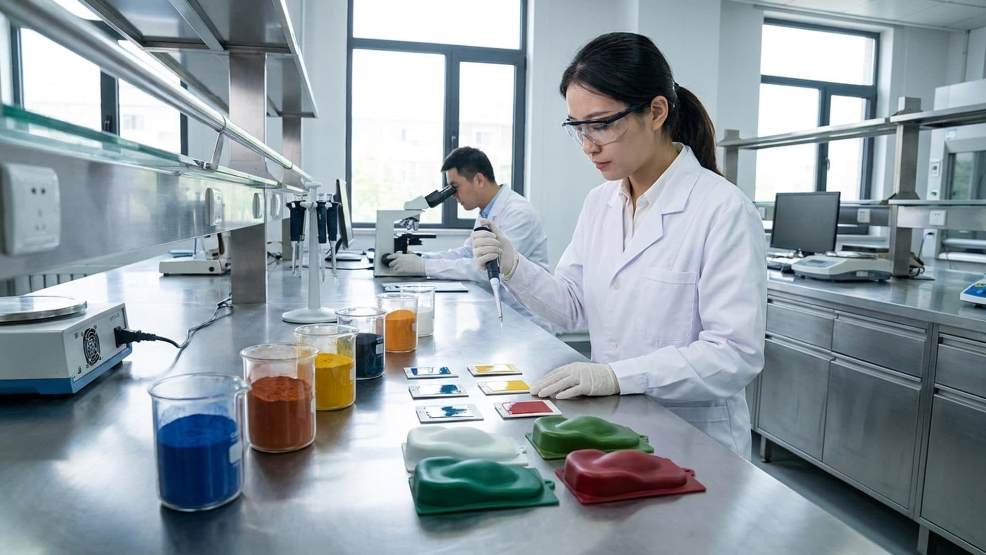 Materials laboratory with battery powders, coatings and plastics test pieces