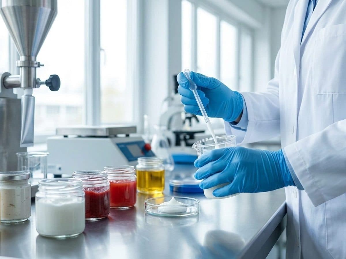 Cosmetics scientist examining samples in a quality-control laboratory