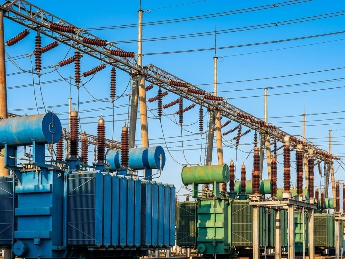 High-voltage substation with transformers and power lines