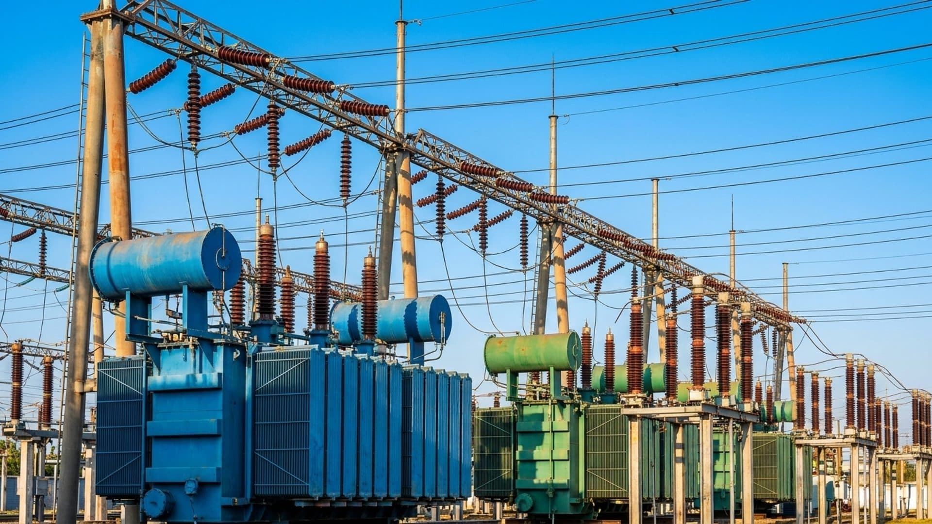 High-voltage substation with transformers and power lines