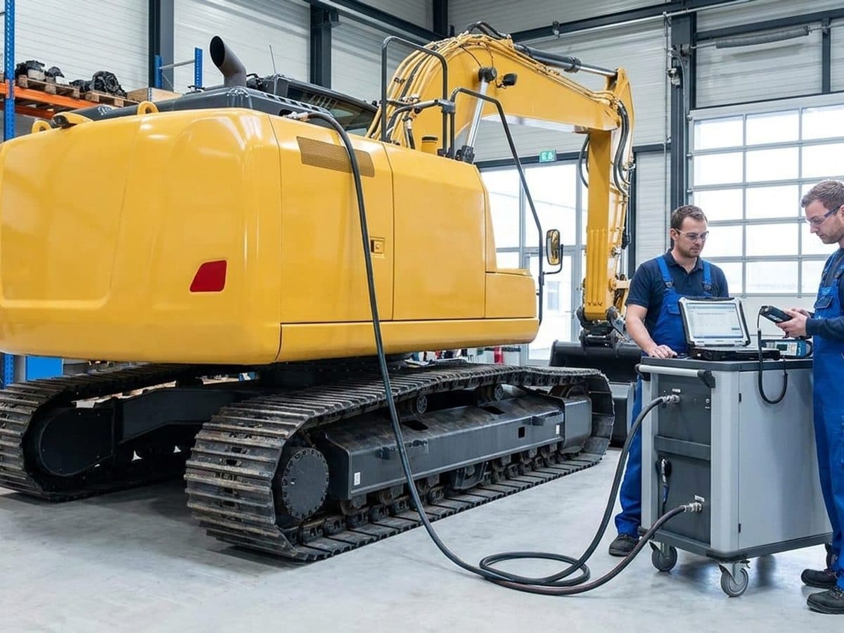 Construction machinery undergoing exhaust emissions testing in an industrial test bay