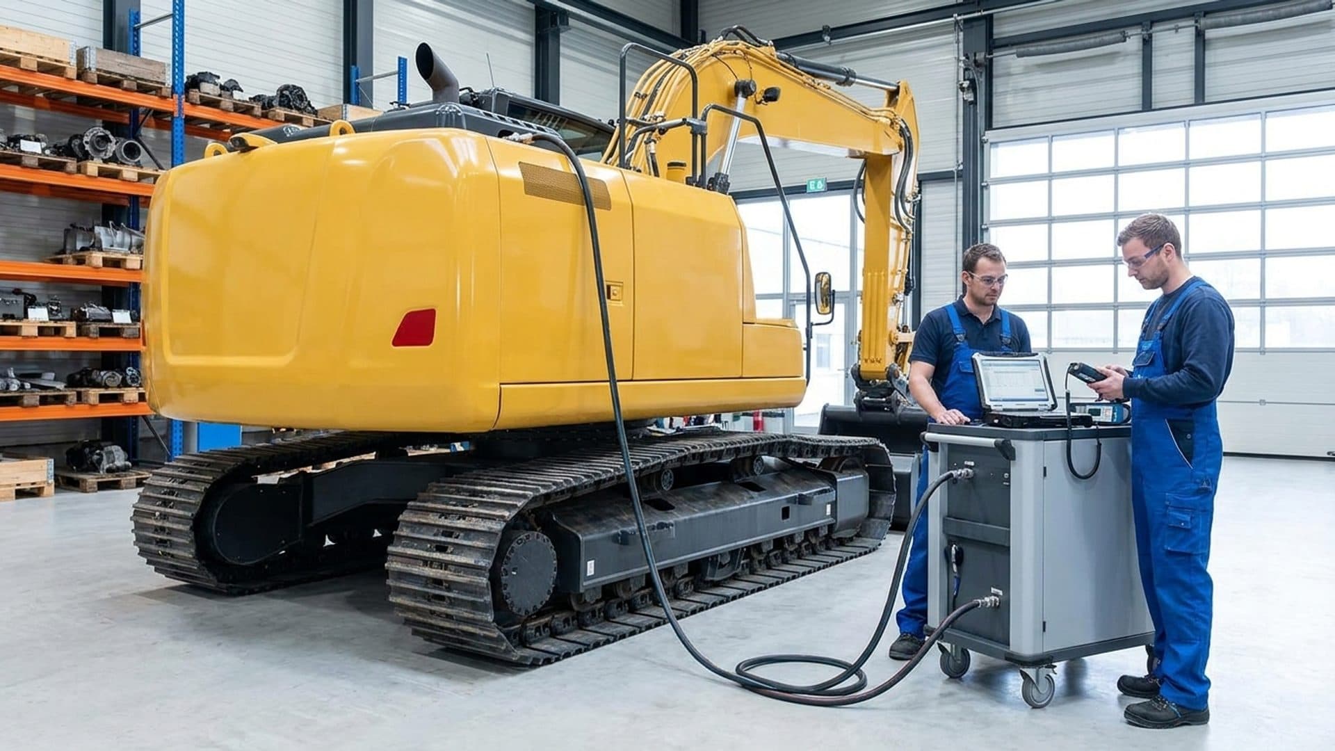 Construction machinery undergoing exhaust emissions testing in an industrial test bay