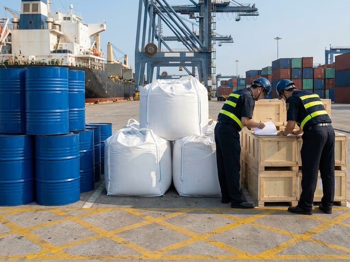 Drums or bulk bags of chemical intermediate at an export terminal, with customs inspection imagery and no implication that duties have already been imposed