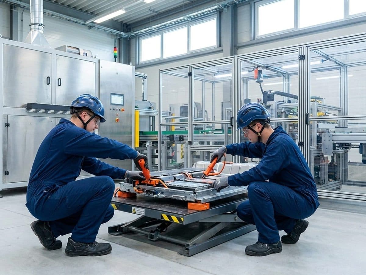 Technicians working beside an EV battery pack in a recycling facility