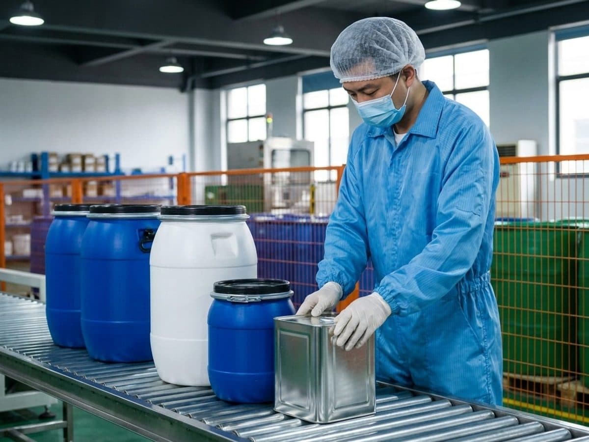 Technician inspecting sealed containers at a chemical packaging station