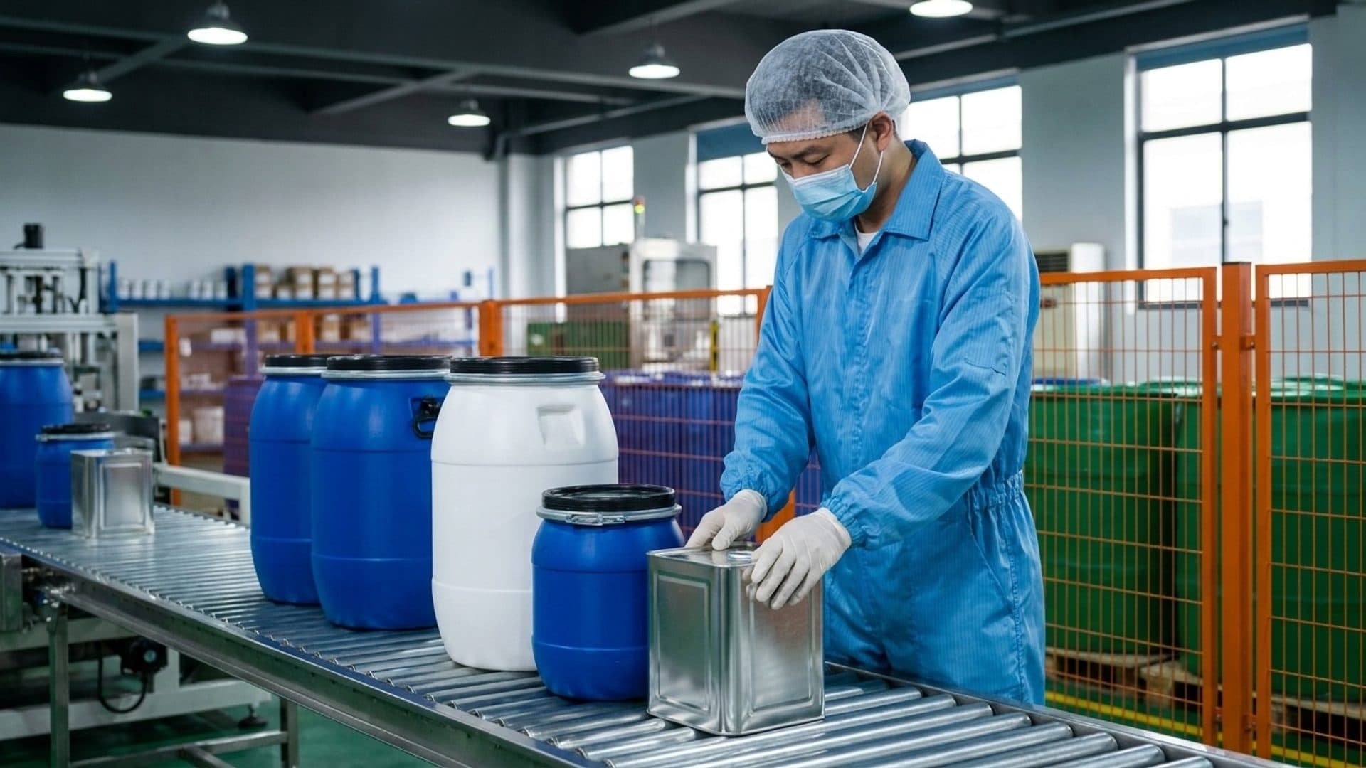 Technician inspecting sealed containers at a chemical packaging station