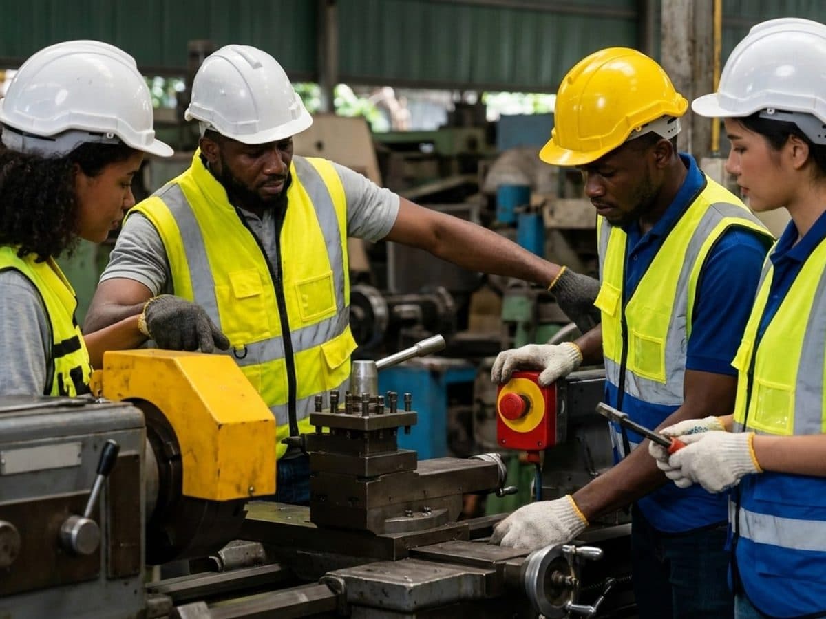 Small factory team inspecting machine guards before work begins