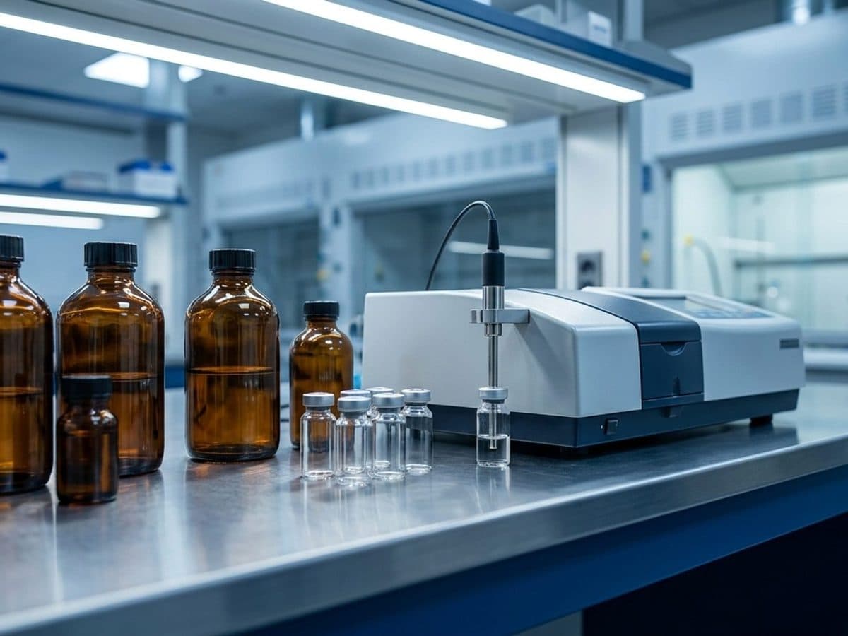 Unbranded chemical samples arranged for identity review in a laboratory