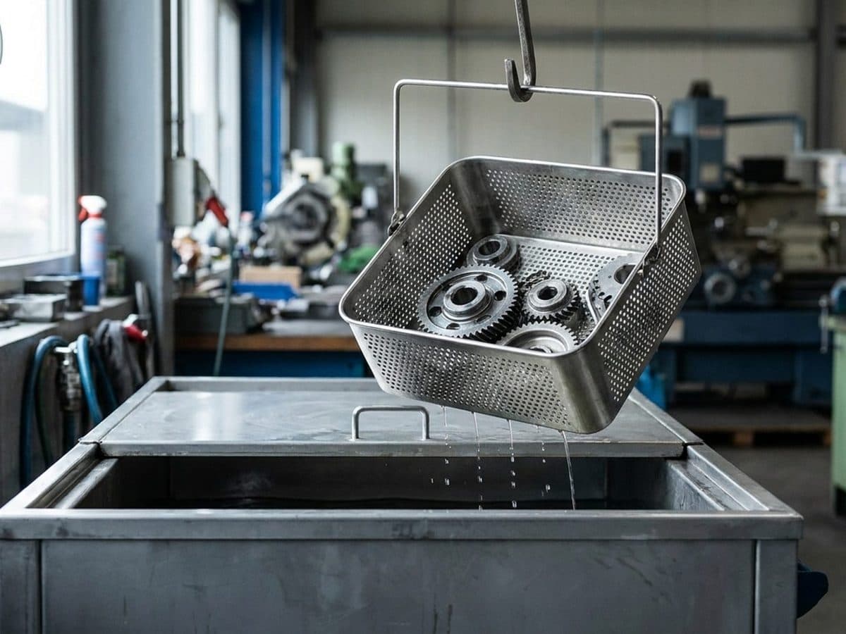 Metal components in a basket at an industrial washing station