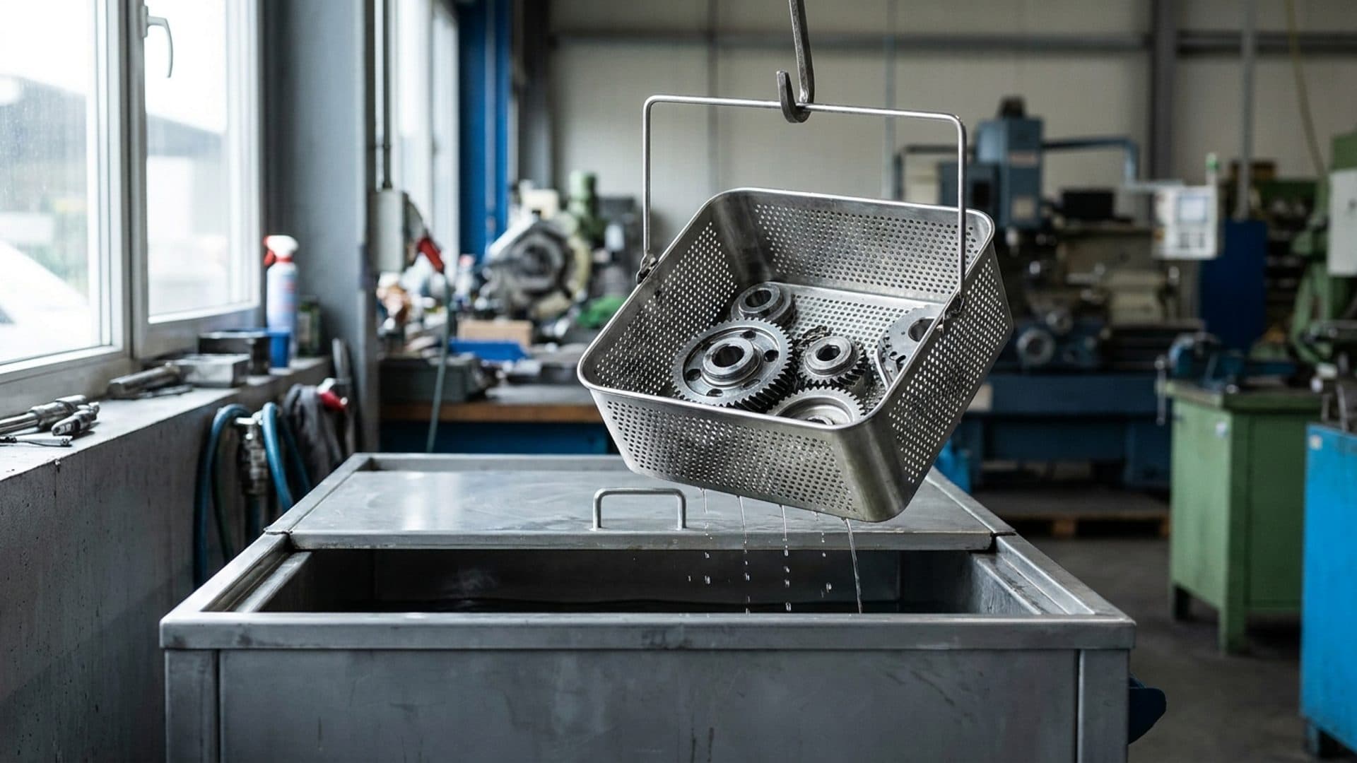 Metal components in a basket at an industrial washing station