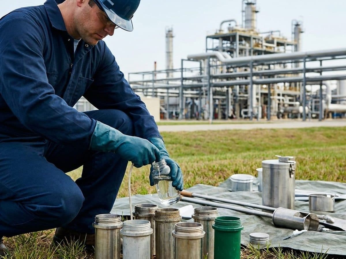Environmental technician sampling a monitoring well beside an industrial site