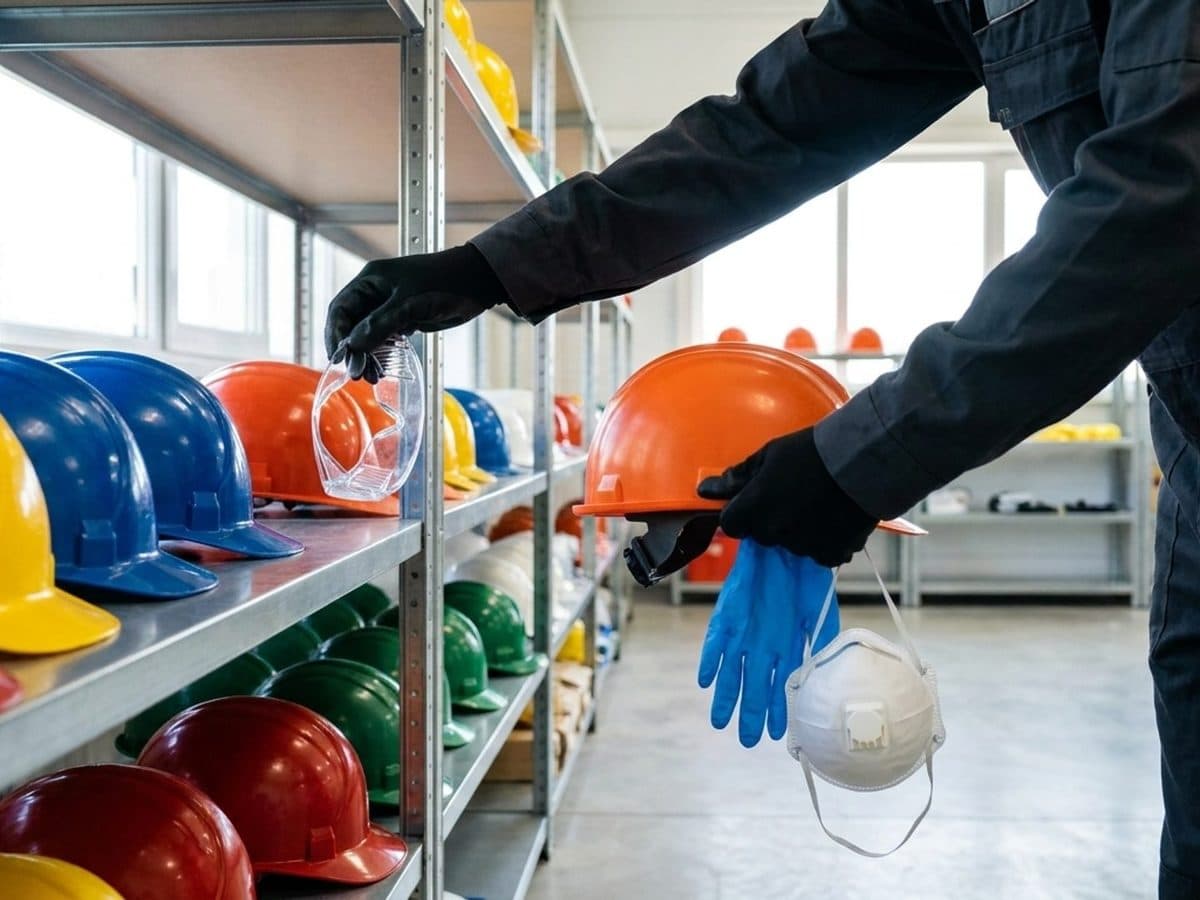 Manufacturing worker selecting protective equipment in an industrial issue area