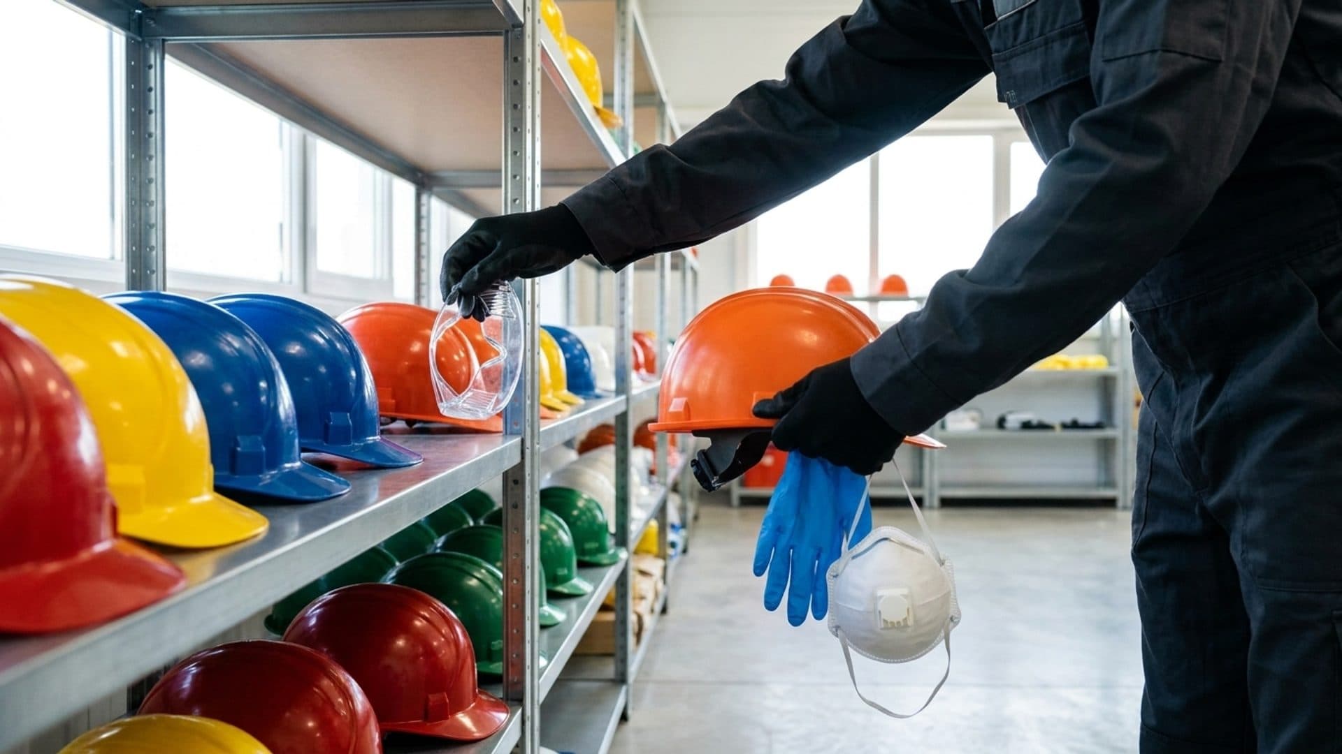 Manufacturing worker selecting protective equipment in an industrial issue area