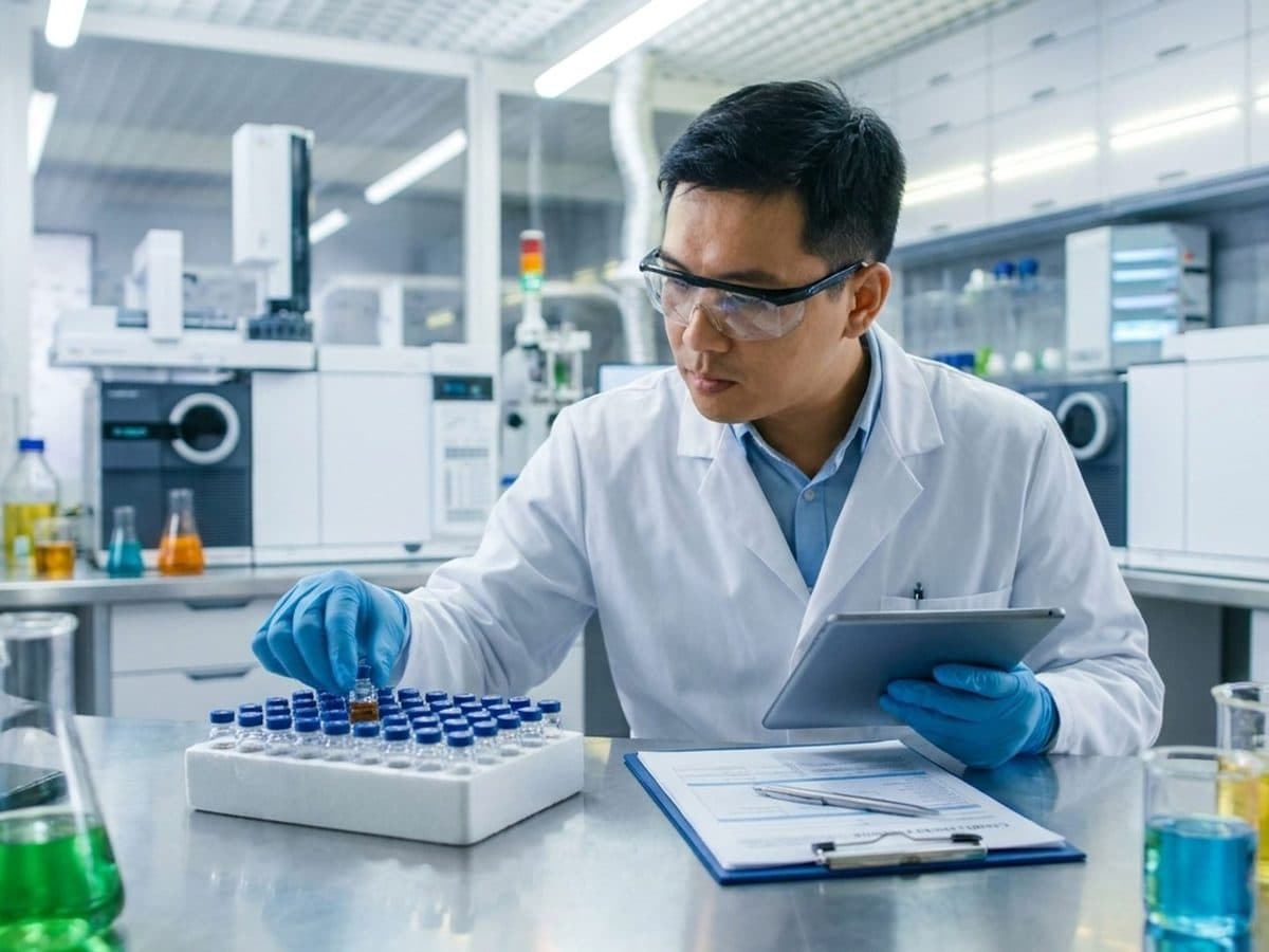 Chemical laboratory technician reviewing samples