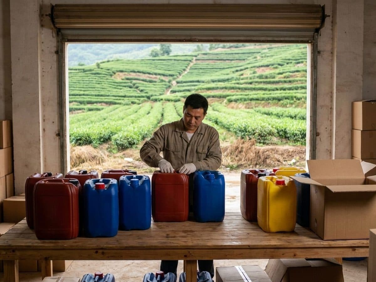 Worker checking agricultural chemical containers in a distribution warehouse