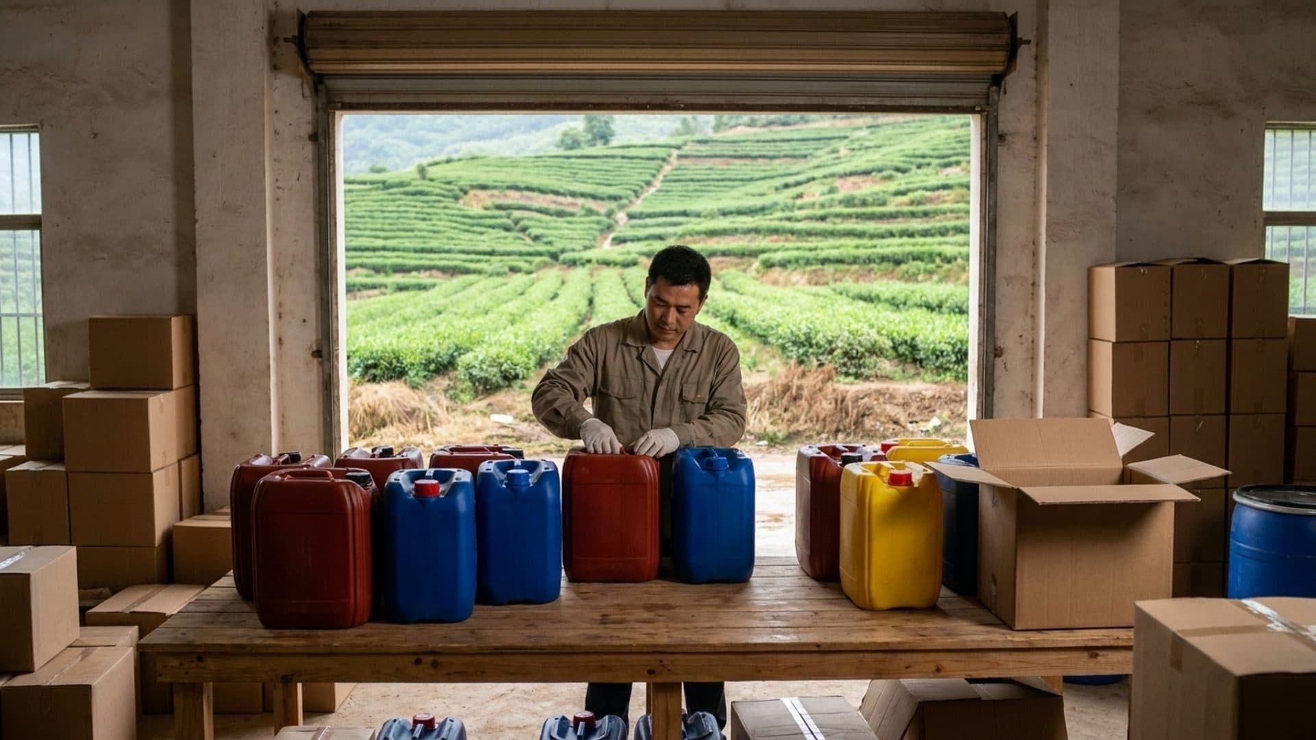 Worker checking agricultural chemical containers in a distribution warehouse