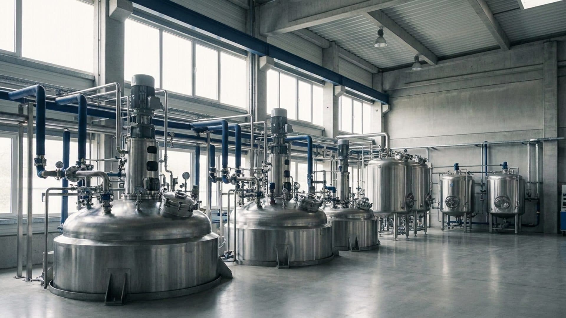 Stainless steel processing vessels and pipes in an industrial hall.