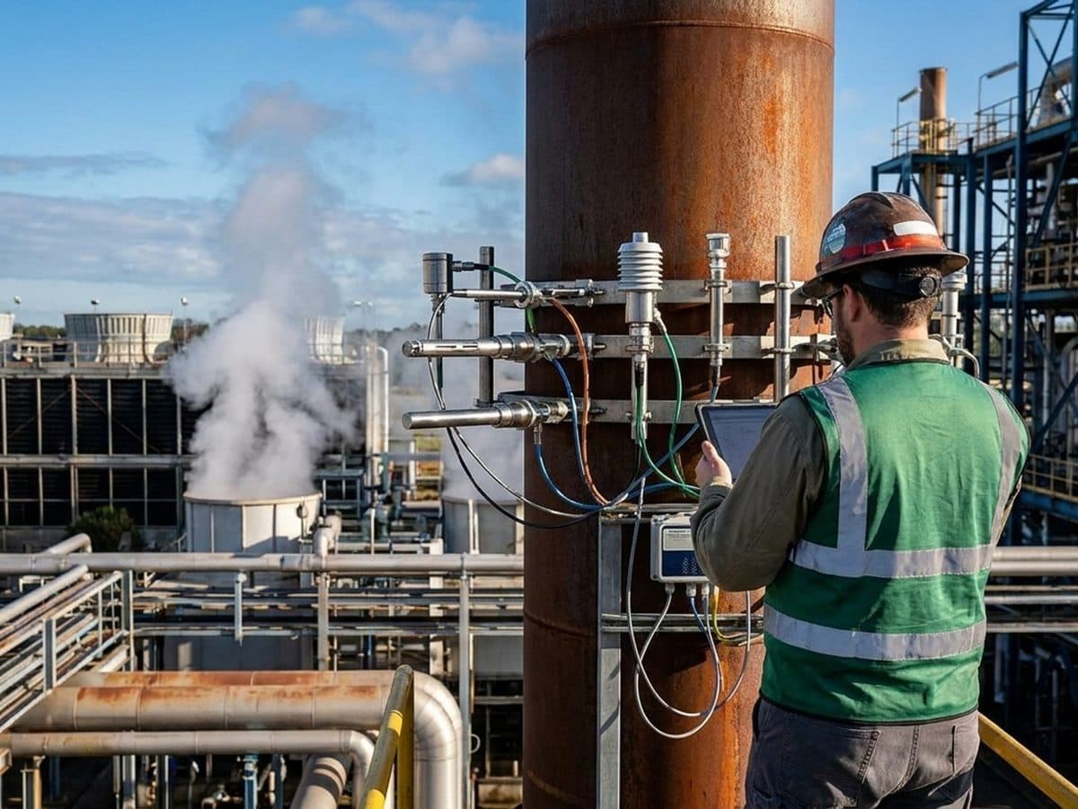 Environmental engineer inspecting emissions-monitoring equipment at an industrial facility