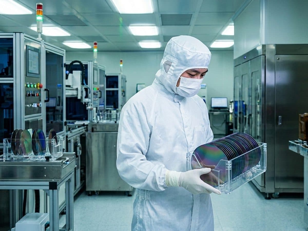 Technician inspecting silicon wafers in a photovoltaic manufacturing cleanroom