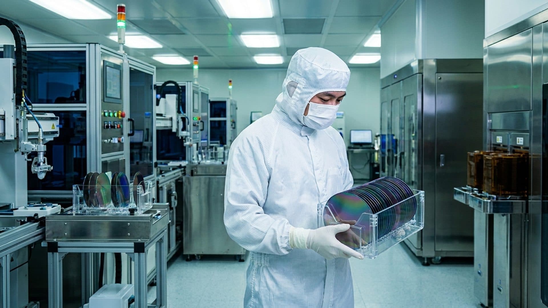Technician inspecting silicon wafers in a photovoltaic manufacturing cleanroom