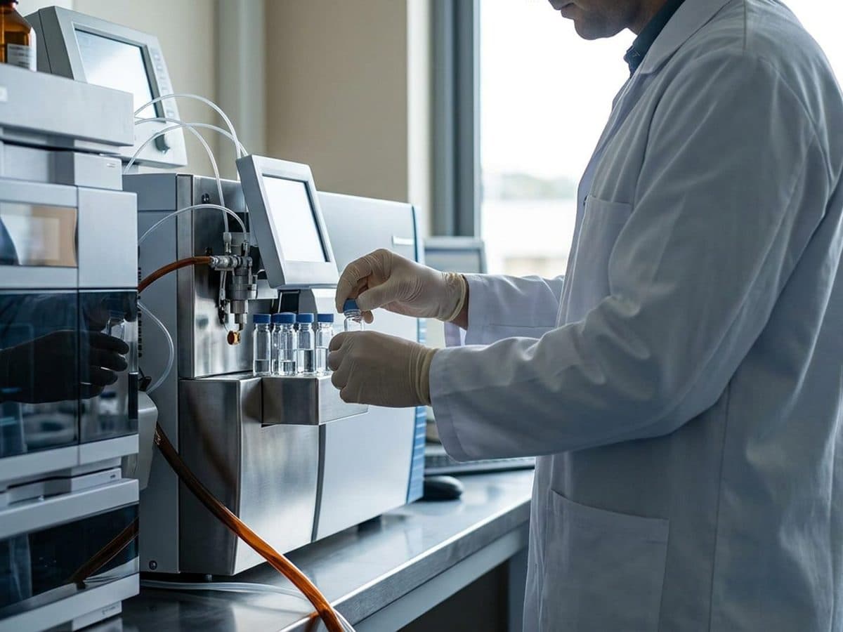 Food safety laboratory technician loading sample vials into analytical equipment