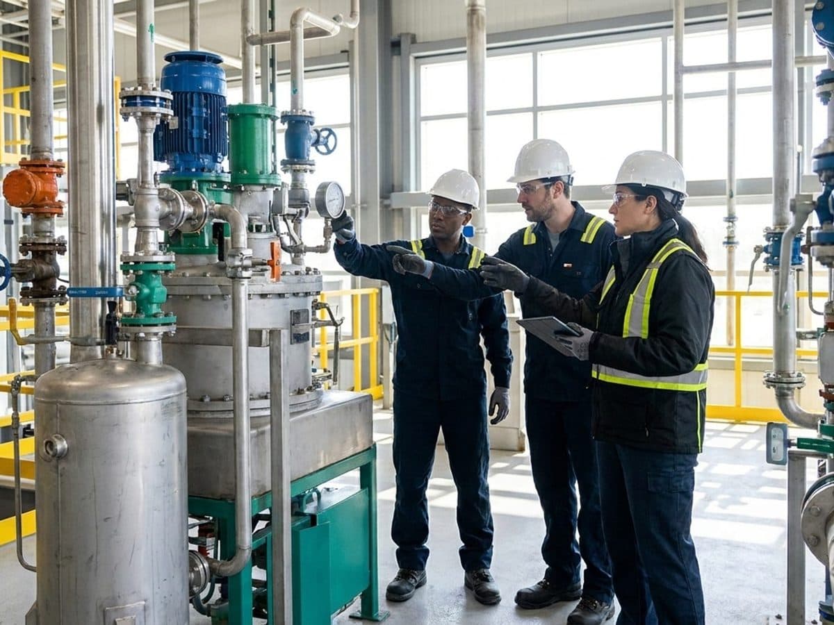 Safety team and insurer inspecting chemical process equipment