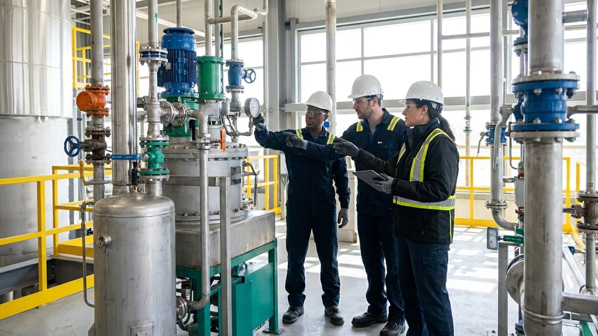 Safety team and insurer inspecting chemical process equipment