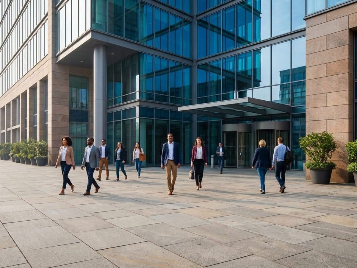 European public administration building with people crossing a plaza