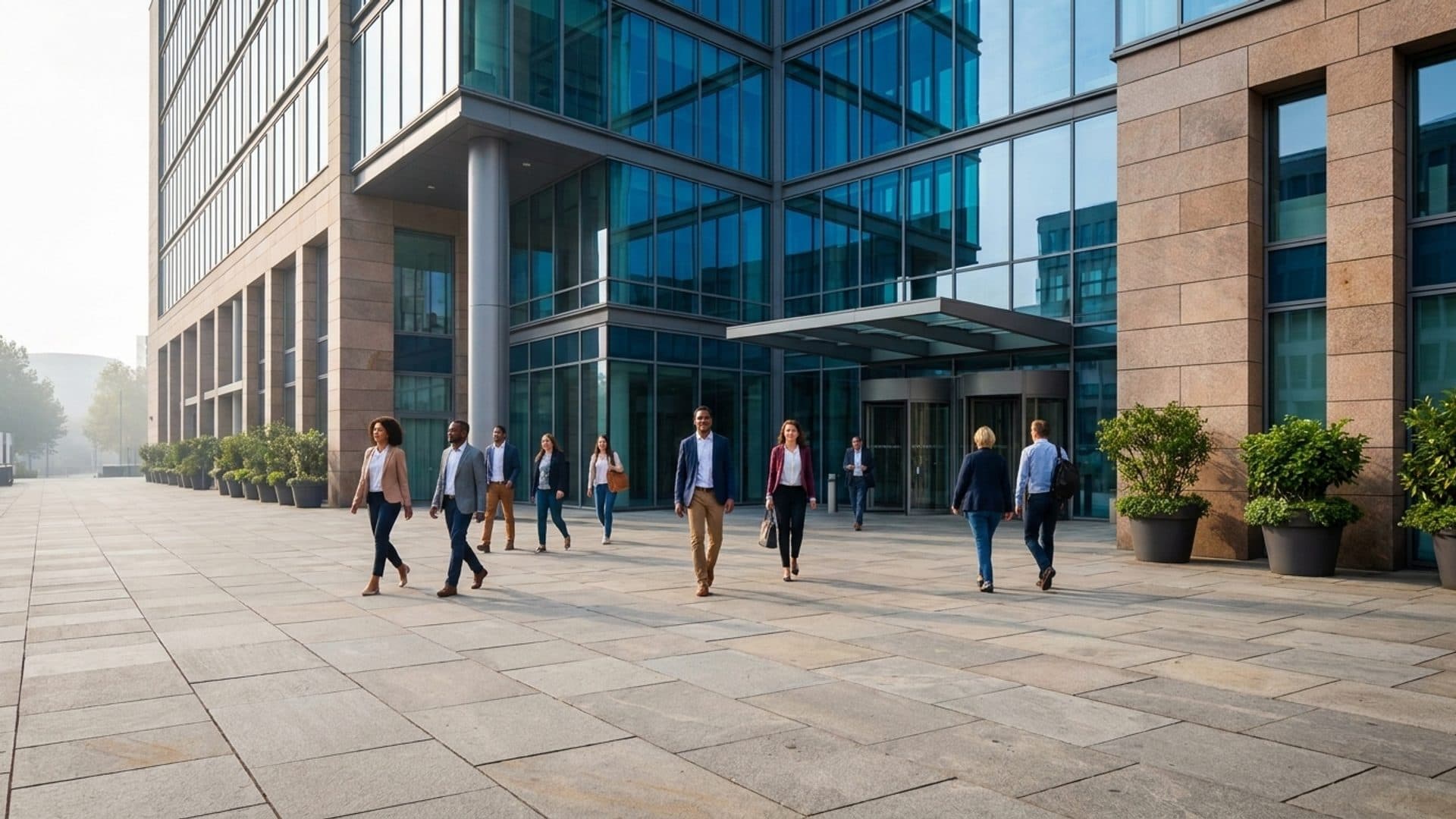 European public administration building with people crossing a plaza