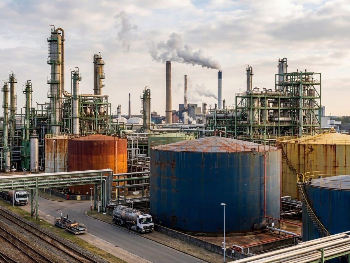 European chemical plant with storage tanks and process towers