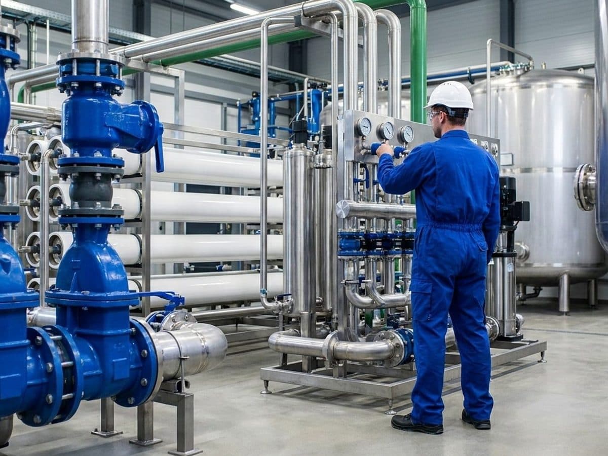 Stainless-steel pipework and filtration equipment in a water treatment plant
