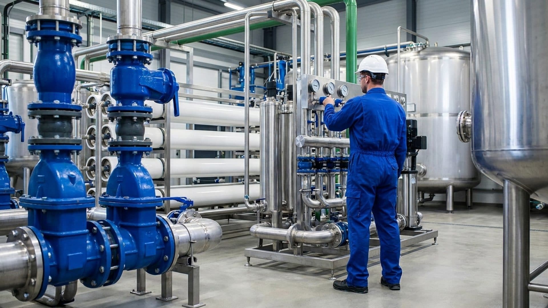 Stainless-steel pipework and filtration equipment in a water treatment plant