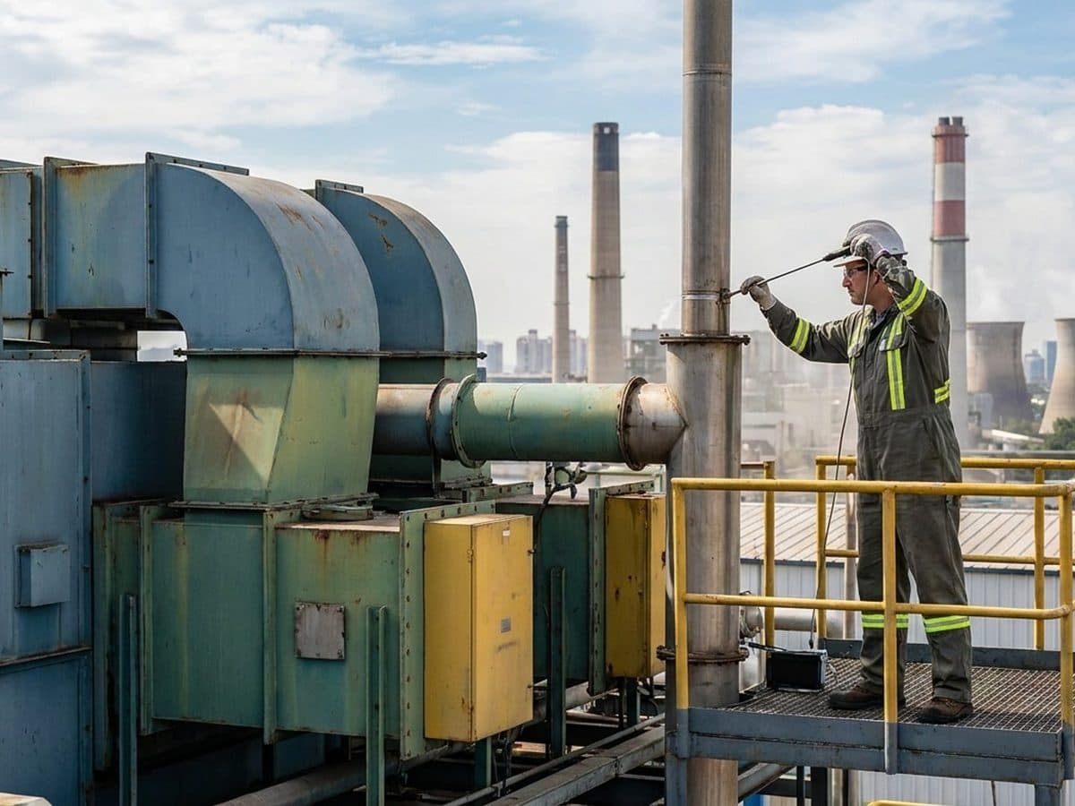 Technician testing emissions beside industrial pollution controls