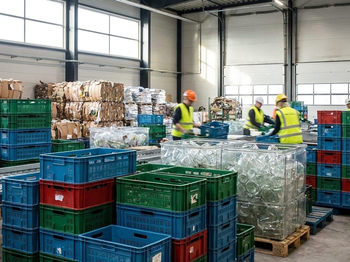 Reusable crates, glass containers and sorted packaging materials at a Danish distribution or recycling facility, with no national flags or legal-text overlays.