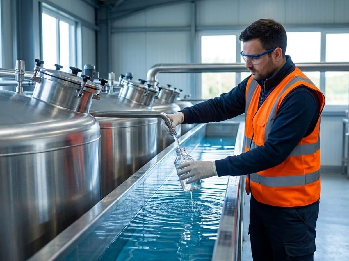 Technician collecting an industrial wastewater sample at a treatment plant