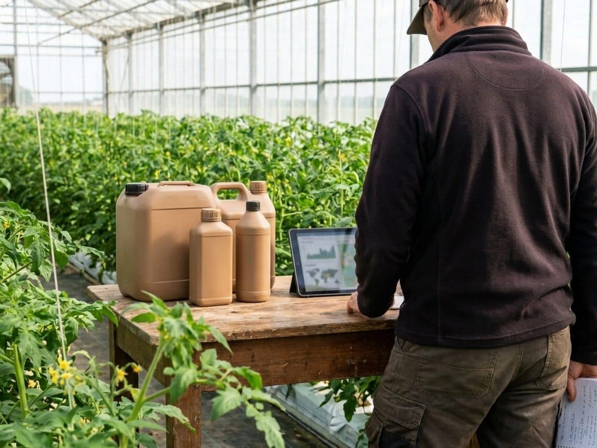 Crop adviser reviewing product records beside greenhouse crops