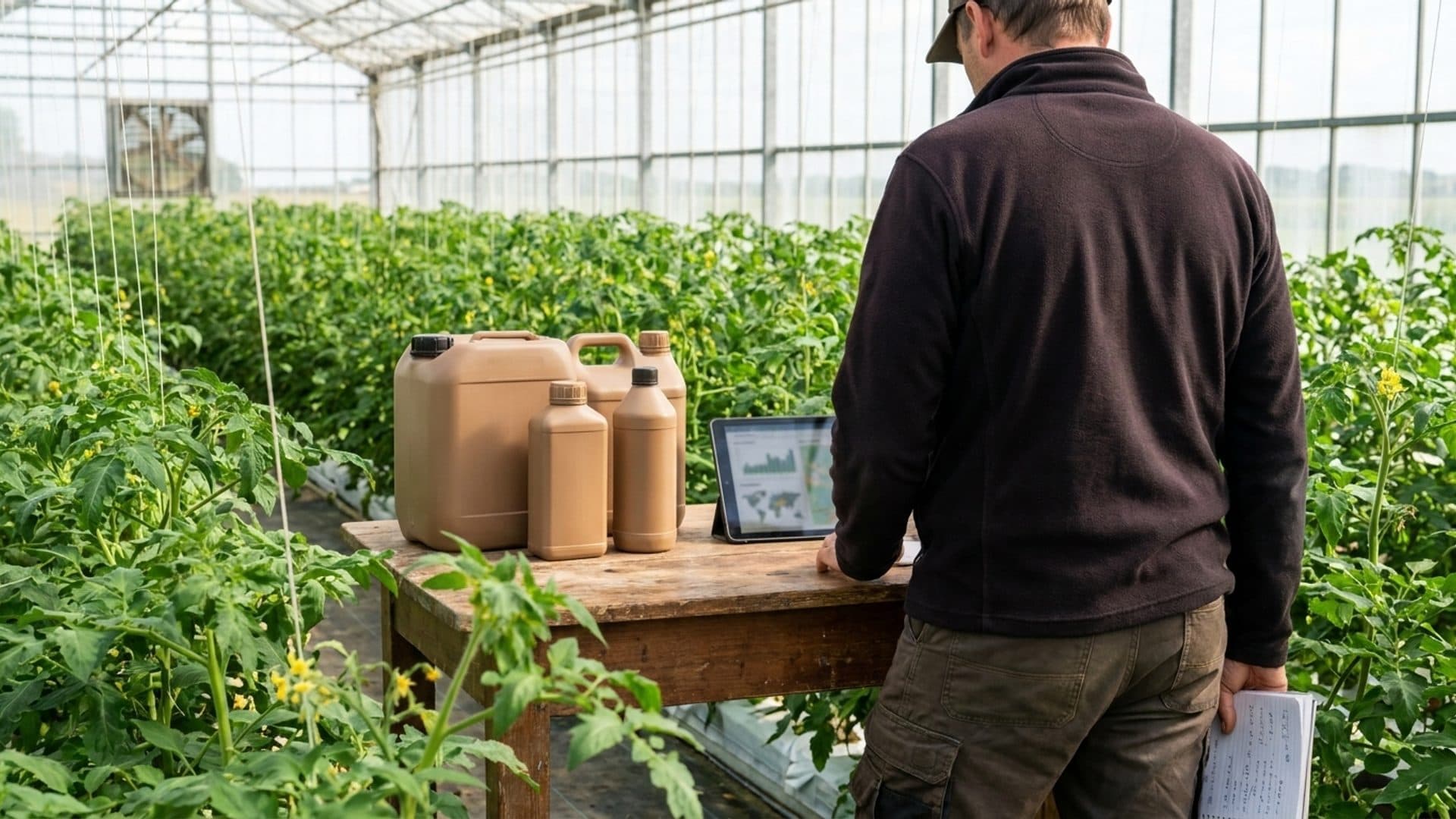 Crop adviser reviewing product records beside greenhouse crops