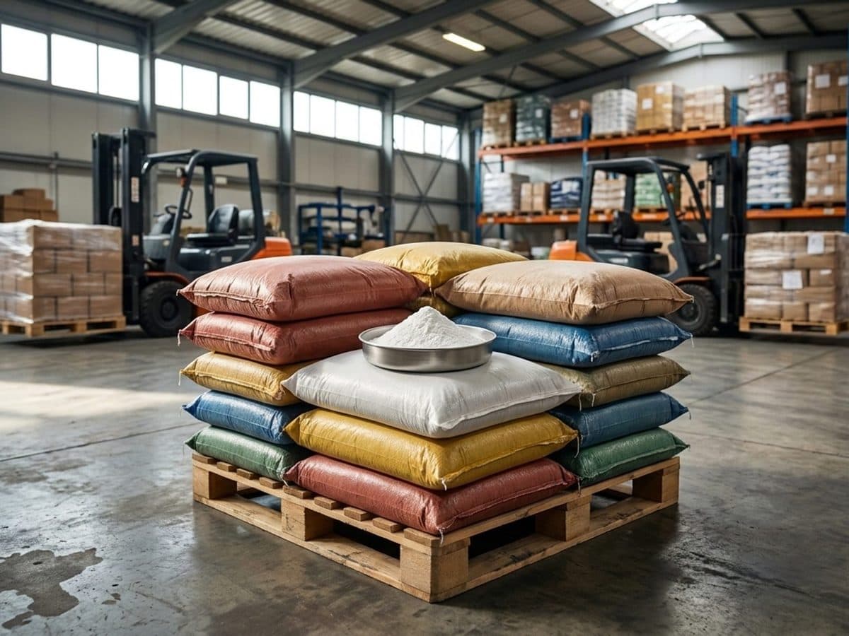 Plain unlabelled pigment bags on pallets with a small white titanium dioxide powder sample in a metal dish in an industrial logistics warehouse