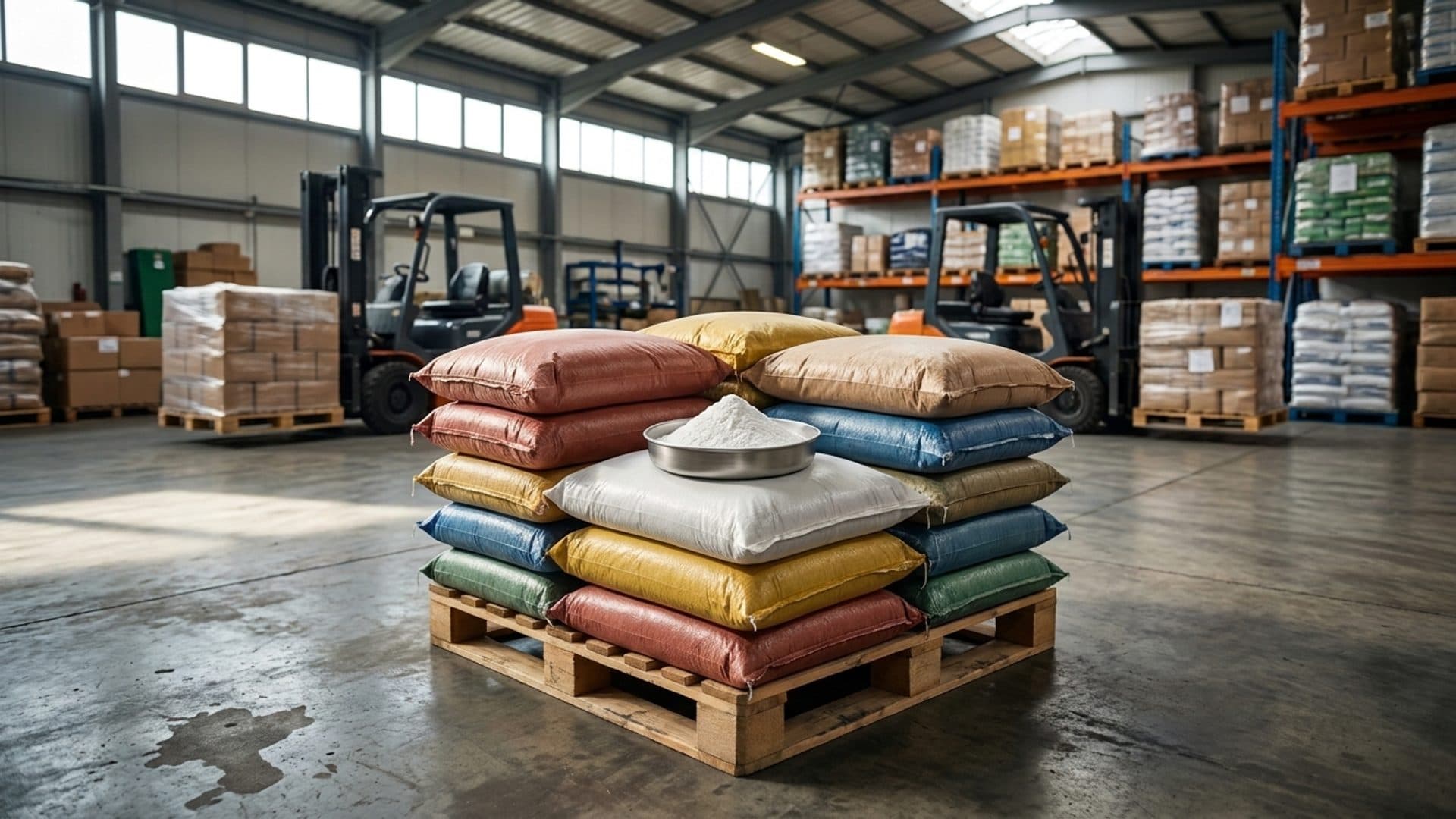 Plain unlabelled pigment bags on pallets with a small white titanium dioxide powder sample in a metal dish in an industrial logistics warehouse