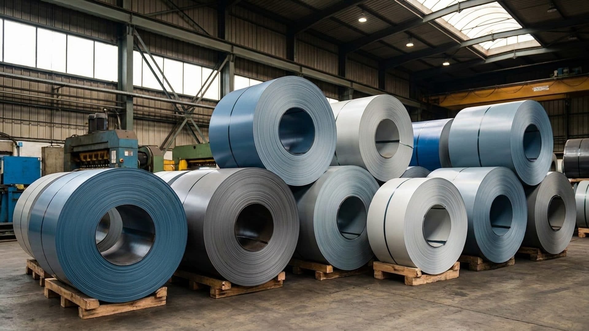 Coils of polymer-coated flat steel in a warehouse